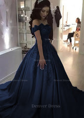Ball Gown Off The Shoulder Sleeveless Sweep Train Satin Prom Dress Outfits For Women With Appliqued Beading