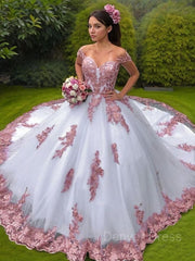 Ball Gown Off-the-Shoulder Sweep Train Lace Wedding Dresses For Black girls With Appliques Lace