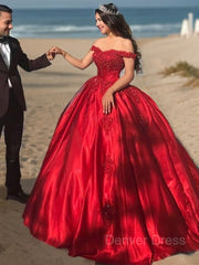 Ball Gown Off-the-Shoulder Sweep Train Satin Prom Dresses For Black girls With Appliques Lace