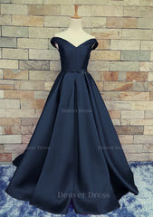 Ball Gown Off The Shoulder Sweep Train Satin Prom Dresses For Black girls With Waistband