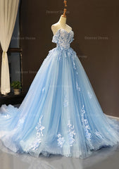 Ball Gown Off The Shoulder Sweep Train Tulle Prom Dress Outfits For Women With Appliqued