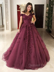 Ball Gown Off-the-Shoulder Sweep Train Tulle Prom Dresses For Black girls With Appliques Lace