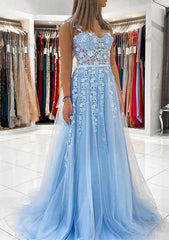 Ball Gown Princess Sweetheart Tulle Sweep Train Prom Dress Outfits For Women With Appliqued Lace