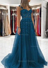 Ball Gown Princess Sweetheart Tulle Sweep Train Prom Dress Outfits For Women With Appliqued Lace