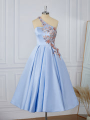 Ball-Gown Satin One-Shoulder Flower Tea-Length Dress