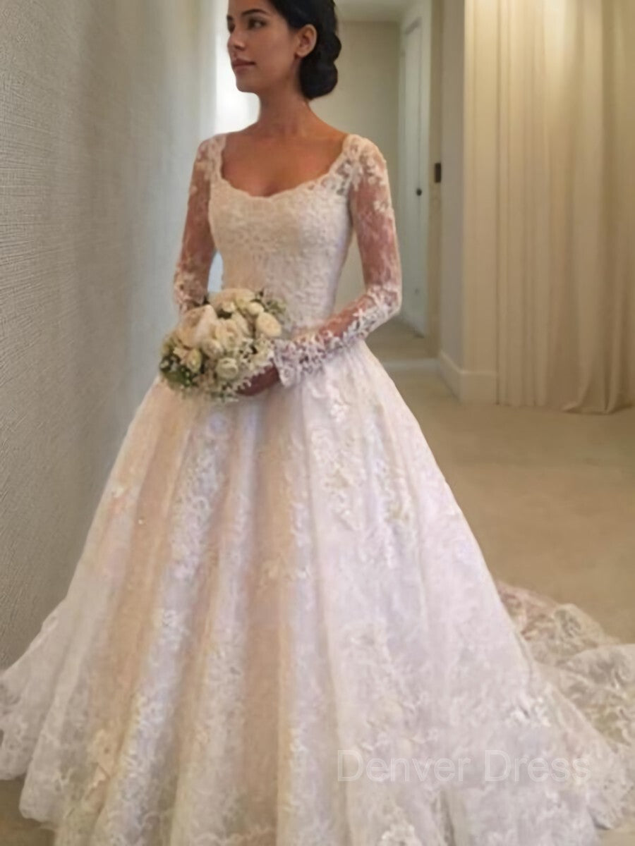 Ball Gown Scoop Cathedral Train Lace Wedding Dresses For Black girls With Ruffles