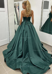 Ball Gown Sleeveless Scalloped Neck Sweep Train Satin Prom Dress Outfits For Women With Pleated Pockets