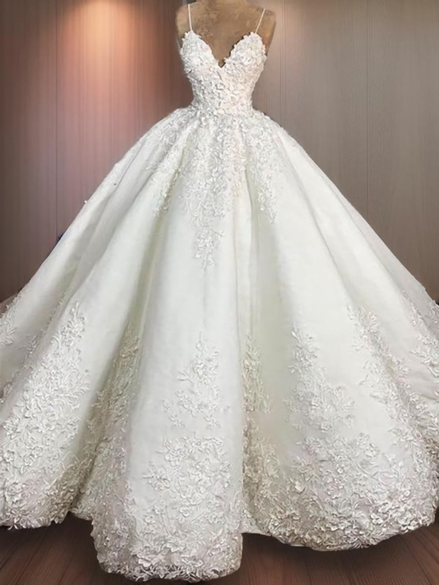 Ball-Gown Spaghetti Straps Applique Floor-Length Satin Wedding Dress