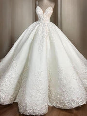 Ball Gown Spaghetti Straps Floor-Length Satin Wedding Dresses