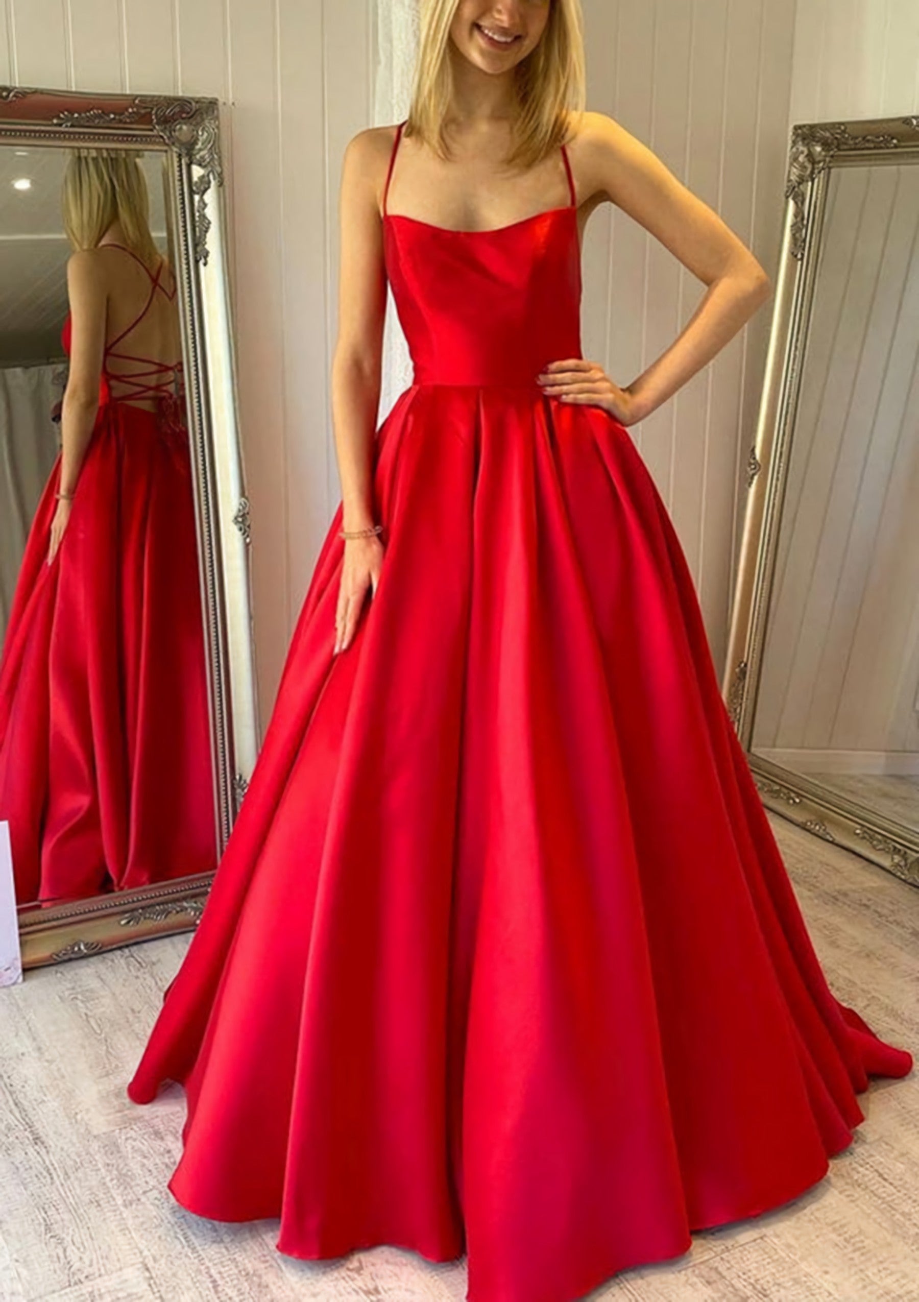 Ball Gown Square Neckline Sleeveless Satin Sweep Train Prom Dress Outfits For Women With Pleated Pockets
