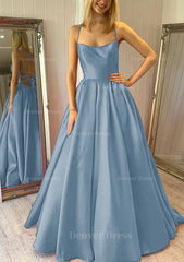 Ball Gown Square Neckline Sleeveless Satin Sweep Train Prom Dress Outfits For Women With Pleated Pockets