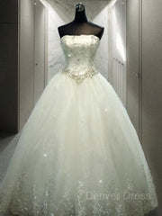 Ball Gown Strapless Floor-Length Tulle Wedding Dresses For Black girls With Rhinestone