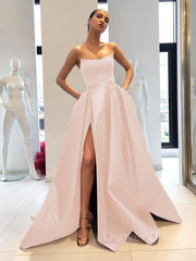 Ball Gown Strapless Sweep Train Satin Prom Dresses For Black girls With Leg Slit