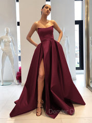 Ball Gown Strapless Sweep Train Satin Prom Dresses For Black girls With Leg Slit