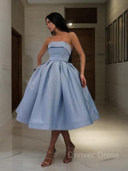 Ball Gown Strapless Tea-Length Satin Homecoming Dresses For Black girls With Ruffles