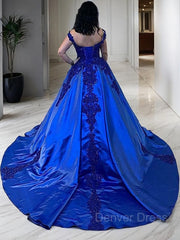 Ball Gown Straps Court Train Satin Evening Dresses For Black girls With Appliques Lace