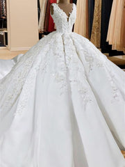 Ball-Gown V-neck Appliques Lace Sweep Train Satin Wedding Dress