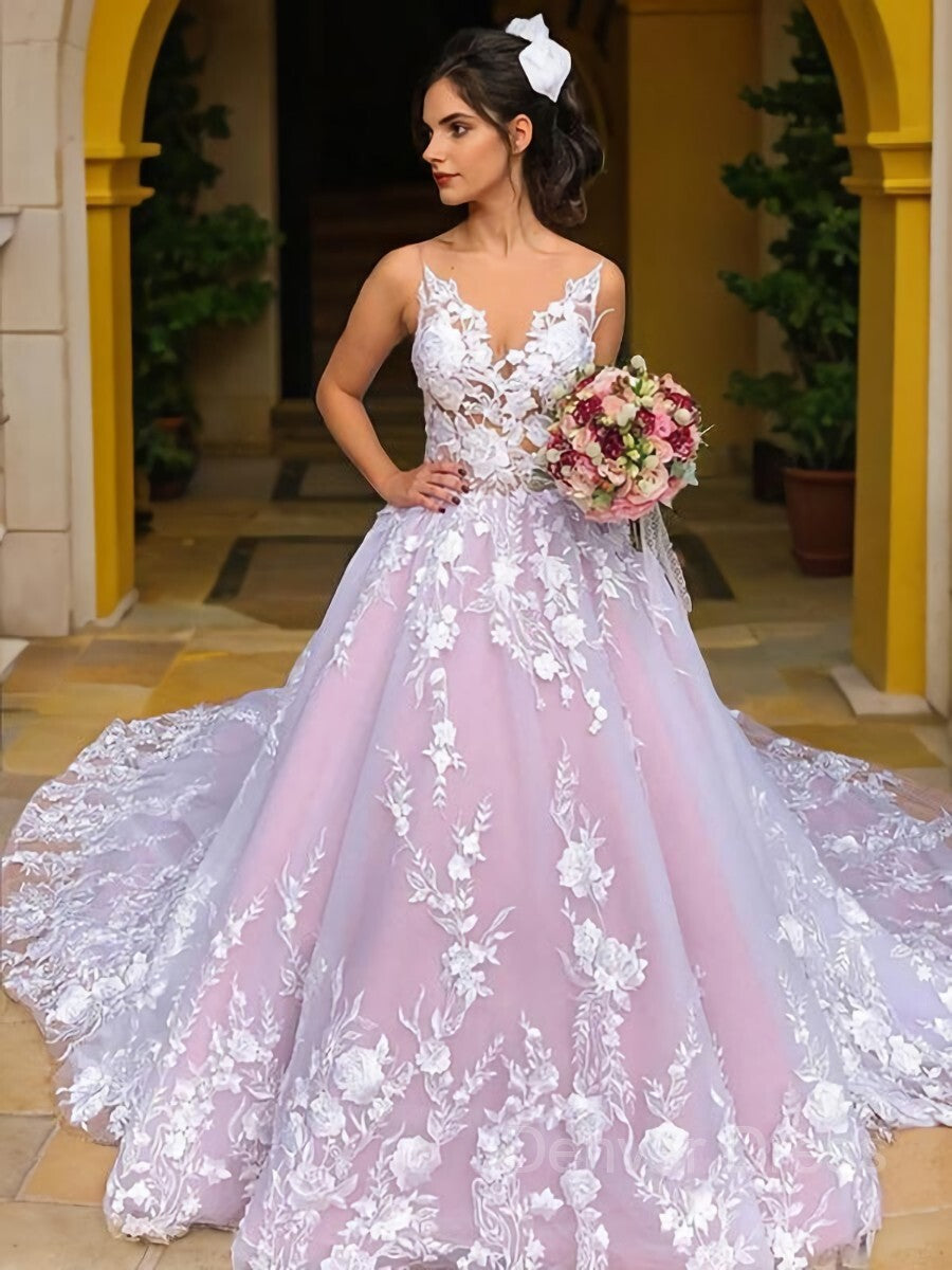Ball Gown V-neck Chapel Train Lace Wedding Dresses For Black girls With Appliques Lace