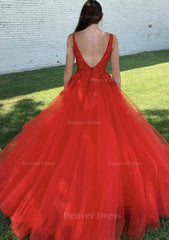 Ball Gown V Neck Court Train Lace Tulle Prom Dress Outfits For Women With Appliqued Beading