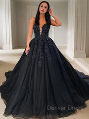 Ball Gown V-neck Court Train Tulle Prom Dresses For Black girls With Appliques Lace