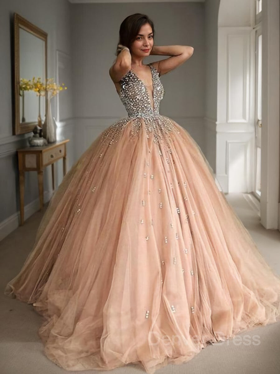 Ball Gown V-neck Sweep Train Tulle Prom Dresses For Black girls With Beading
