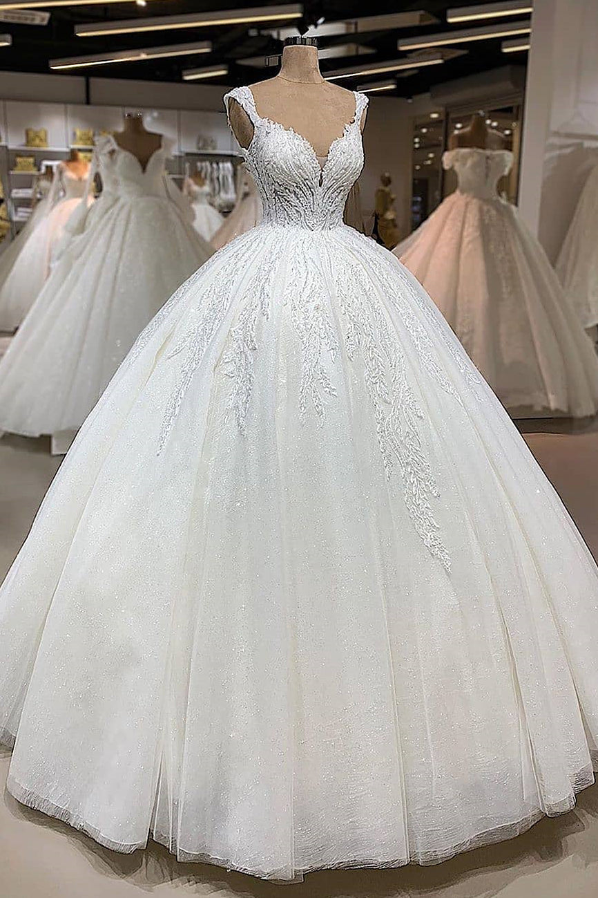 Ball Gown V-neck Wide Strap Floor Length Tulle Applique Wedding Dress