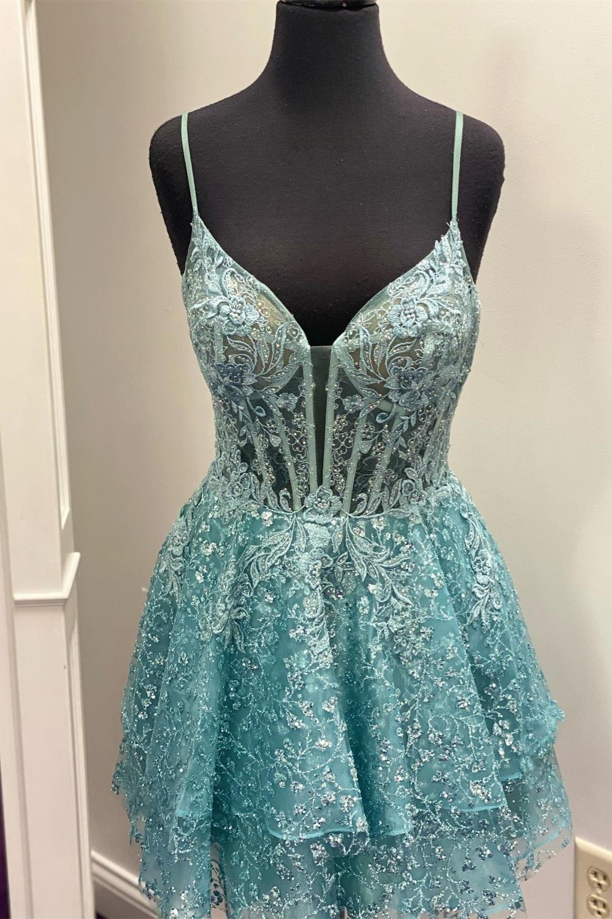 Turquoise Straps Deep V Neck Appliques A-line Multi-Layers Homecoming Dress
