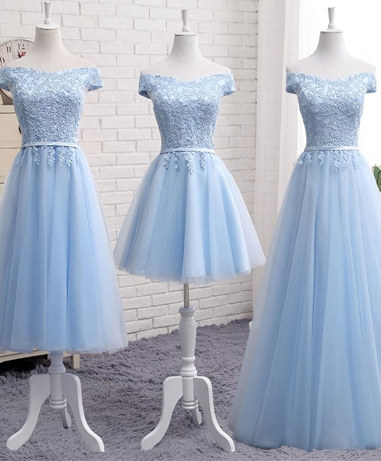 Sky Blue A Line Lace Off Shoulder Prom Dress, Lace Evening Dresses