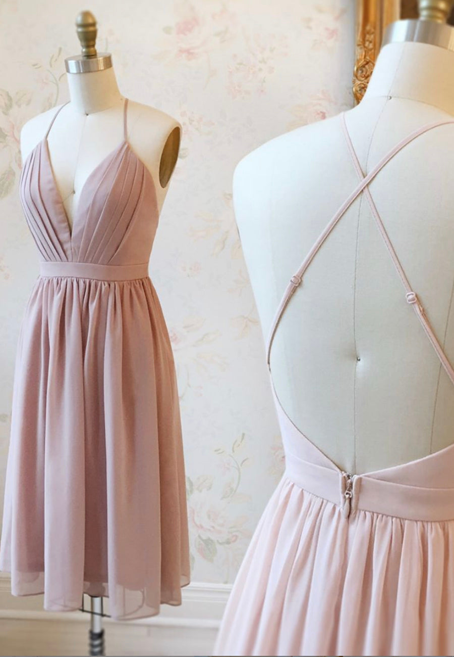 Pink V-Ncek Chiffon Prom Dresses, A-Line Backless Short Dresses