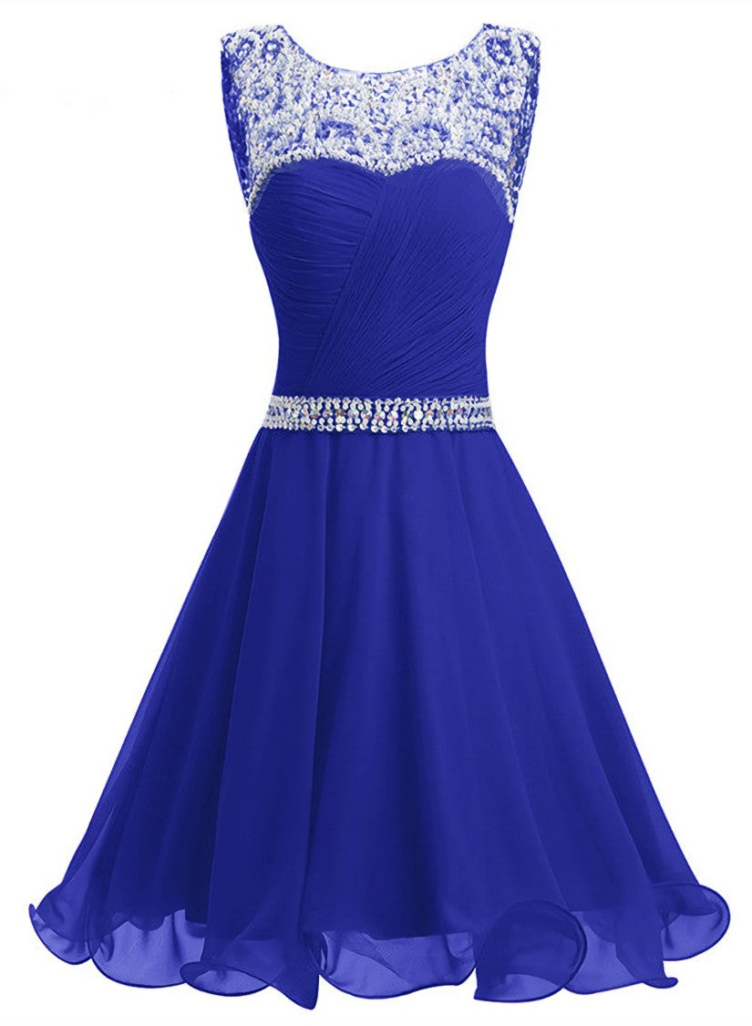 Beaded Chiffon Round Neckline Short Party Dress Outfits For Girls, Blue Chiffon Homecoming Dresses