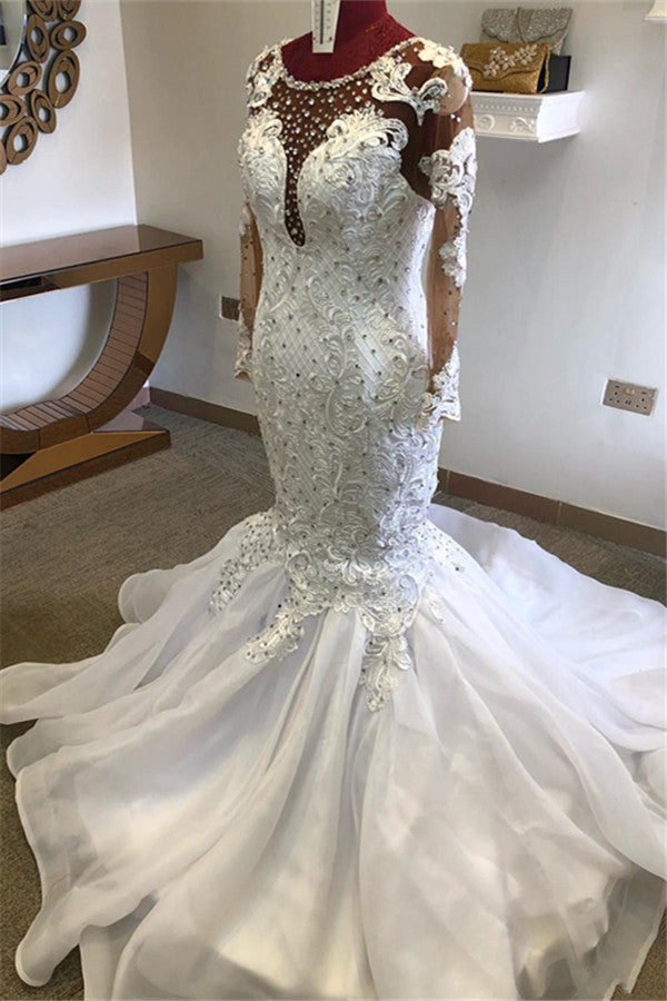 Beading Mermaid Sheer Tulle Wedding Dress Appliques Long Sleeves Bridal Dress