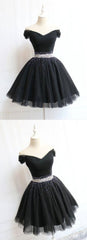 Beautiful Cute Charming Black Tulle V Neck Beaded Short Dress Outfits For Girls, Black Homecoming Dress