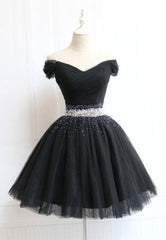 Beautiful Cute Charming Black Tulle V Neck Beaded Short Dress Outfits For Girls, Black Homecoming Dress