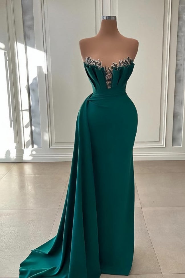 Beautiful Dark Green Long Prom Dress Outfits For Women Strapless Mermaid Evening Gowns
