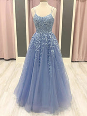 Beautiful Long A-line Scoop Neck Tulle Lace Formal Prom Dresses