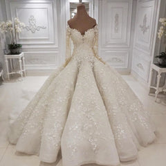 Beautiful Long Sleevess V neck Appliques Ball Gown Wedding Dress