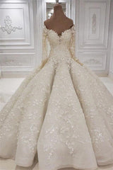 Beautiful Long Sleevess V neck Appliques Ball Gown Wedding Dress