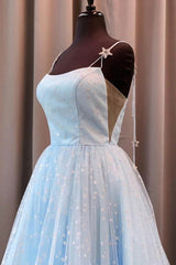Beautiful Sky Blue Tulle Star A-line Long Prom Dress Outfits For Girls, Formal Dresses For Black girls For Women,maxi dresses
