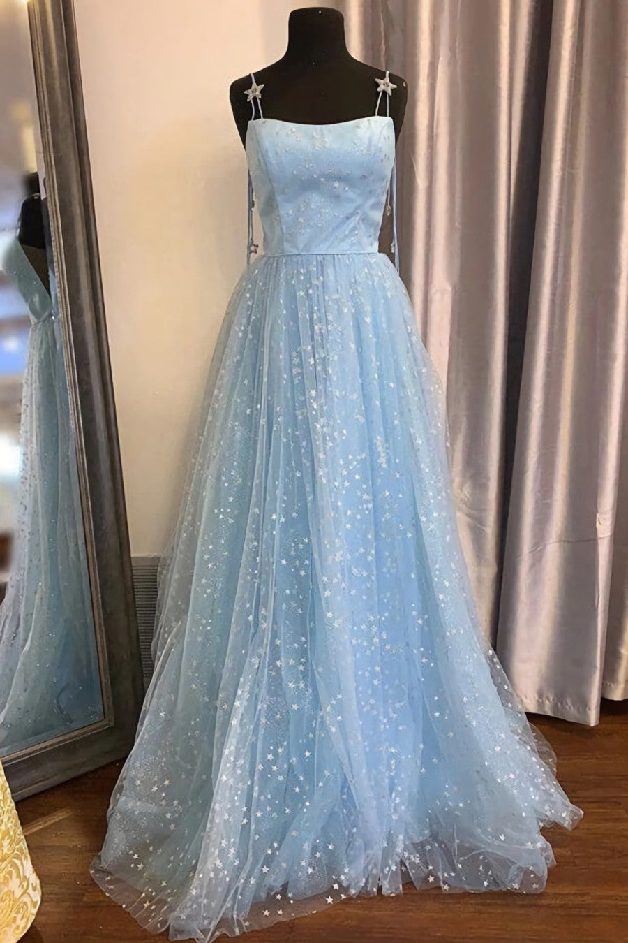 Beautiful Sky Blue Tulle Star A-line Long Prom Dress Outfits For Girls, Formal Dresses For Black girls For Women,maxi dresses
