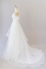 Beautiful White Long A-line V-neck Tulle Backless Wedding Dress