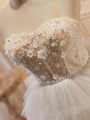 Beige Sweetheart Neck Tulle Puffy Short Prom Dress Outfits For Girls, Beige Homecoming Dress