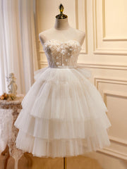 Beige Sweetheart Neck Tulle Puffy Short Prom Dress Outfits For Girls, Beige Homecoming Dress