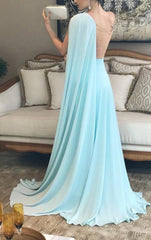 Light Blue One Shoulder Chiffon Formal Dresses Pleats Sheer Illusion Back Prom Gown