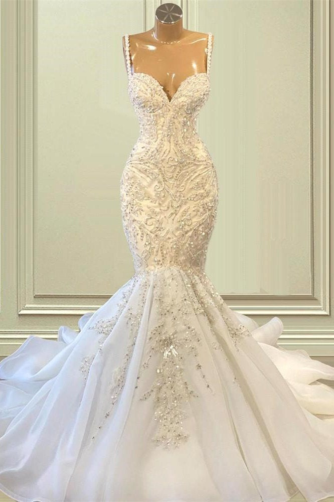 Biztunnel Elegant Long Mermaid Sweetheart Sleeveless Tulle Lace Wedding Dress