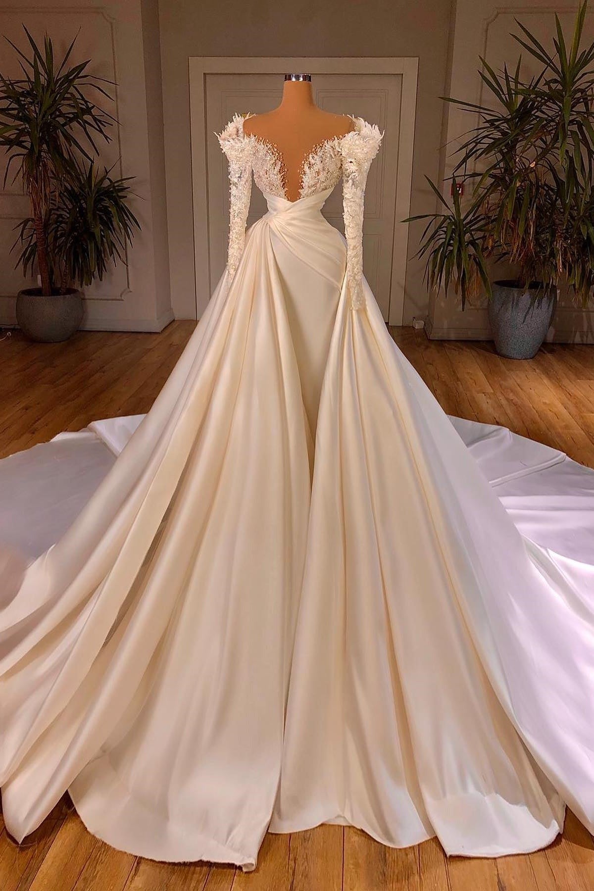 Biztunnel Long Mermaid V-neck Satin Lace Wedding Dresses with Sleeves