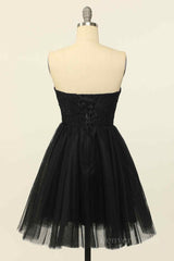 Black A-line Strapless Lace Beaded Lace-Up Back Mini Homecoming Dress