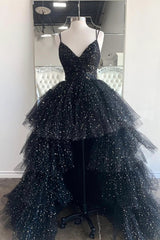 Black A-Line Tulle High Low Prom Dress Outfits For Girls, V-Neck Evening Party Dress