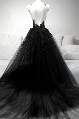 Black A-line Tulle with Lace Long Party Dress Outfits For Girls, Black Formal Dress Outfits For Women Prom Dress