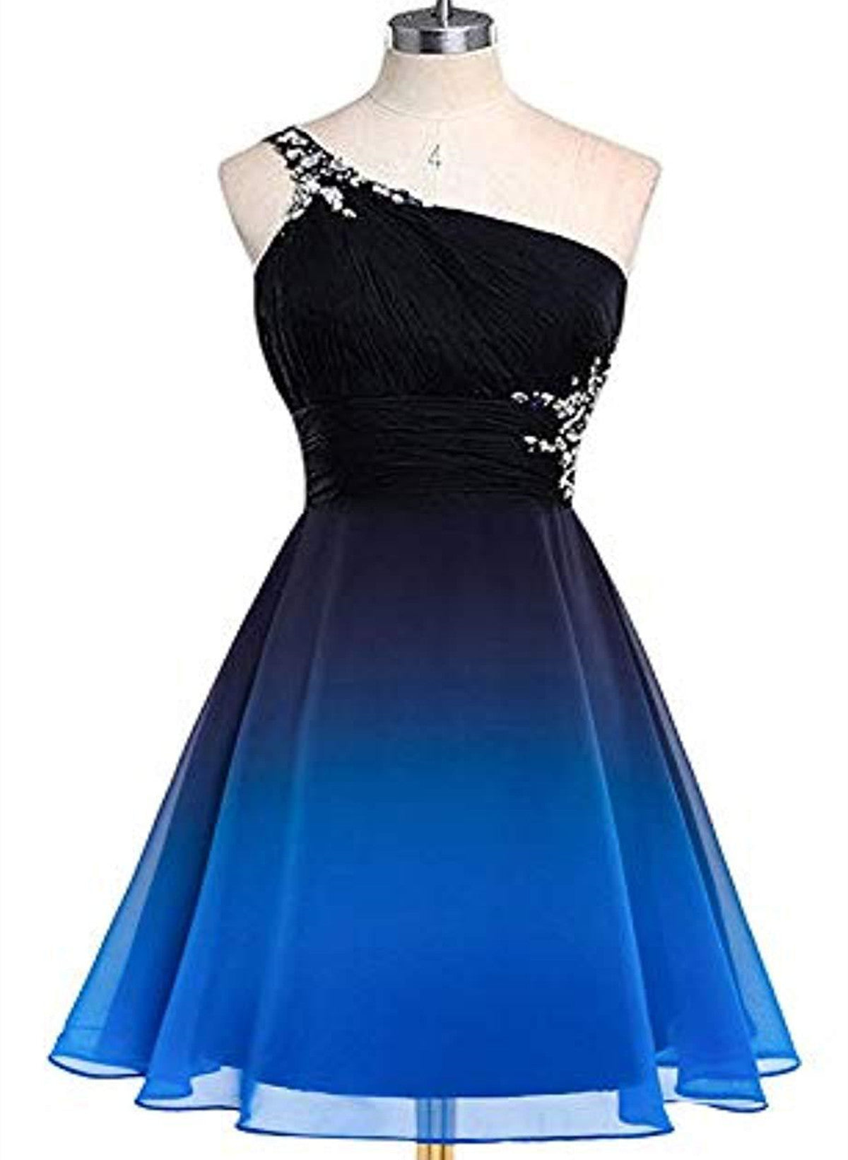 Black and Blue Gradient Chiffon Beaded Party Dress Outfits For Girls, A-line Chiffon Homecoming Dress