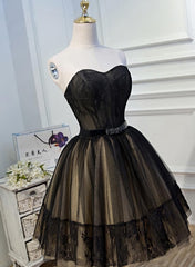 Black and Champagne Tulle Sweetheart Lace Short Party Dress Outfits For Girls, Tulle Homecoming Dresses